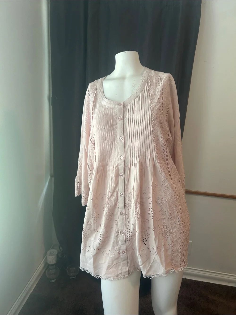 Roaman's light Pink Button-Front Lace Trim Women's Tunic